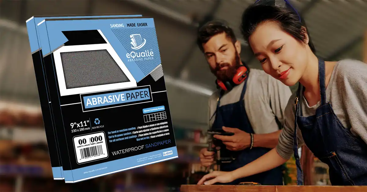eQualle 9x11 silicon carbide sandpaper sheets on a workbench